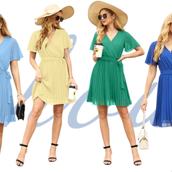 GRECERELLE Emerald Green Wrap V-Neck Short Sleeve Casual Pleated Mini Dress - Picture 3 of 7